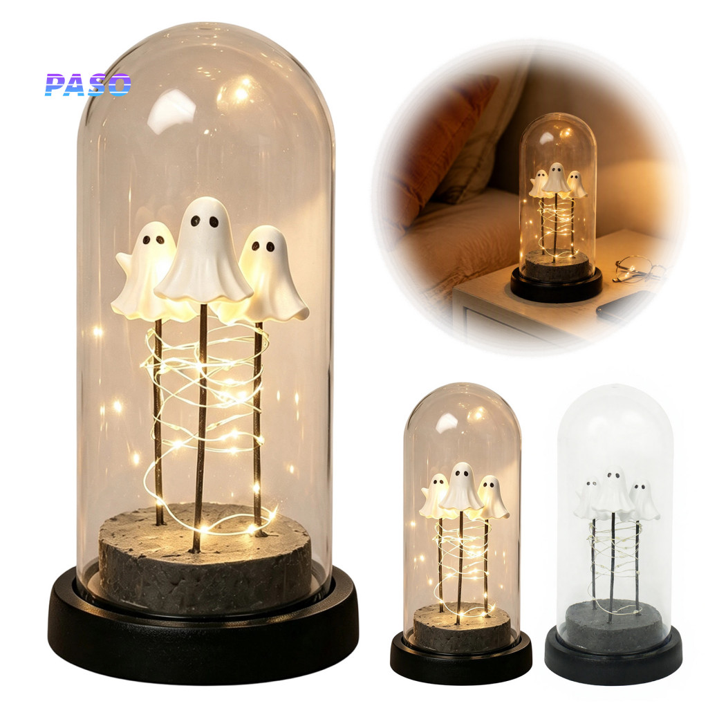 Halloween Ghost Night Light Led Lamp for Party Decorations 3 Mini Up Ghosts Glass Cloche Warm Lights Cute Spooky for