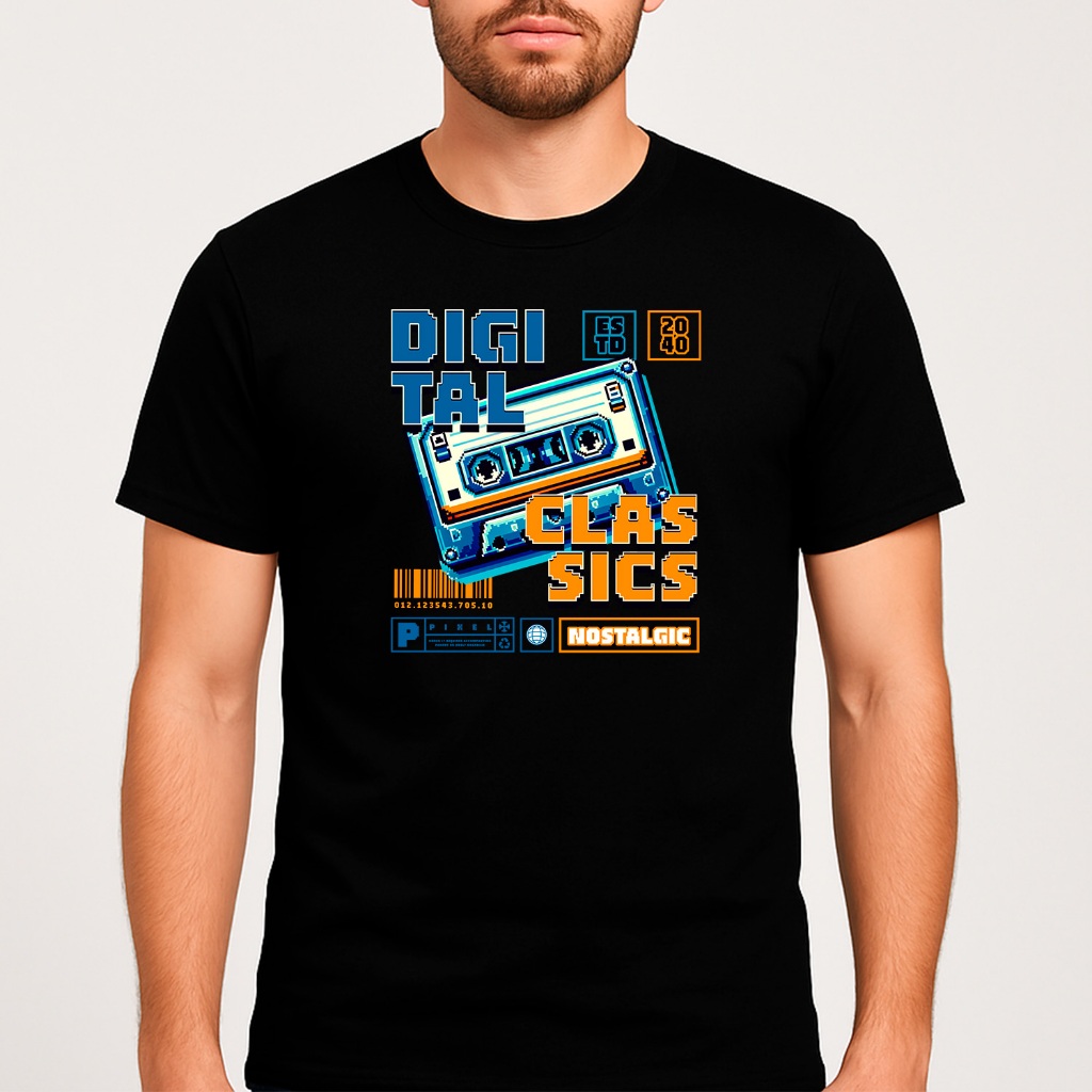 Camiseta Masculina Geek Digital Classics – Cassete Retrô Pixel Art em Algodão Premium