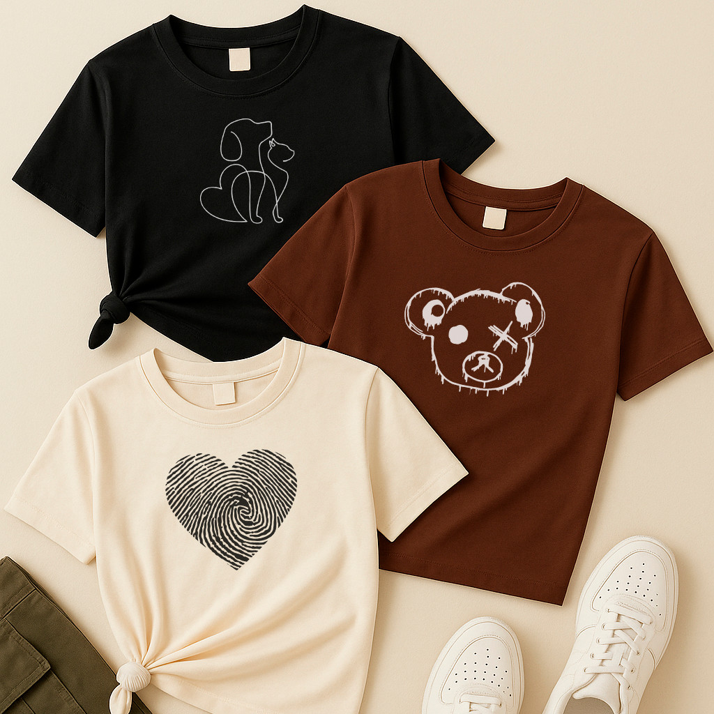 Kit 3 camisetas femininas Cachorro e Gato, Urso X e Coração Digital