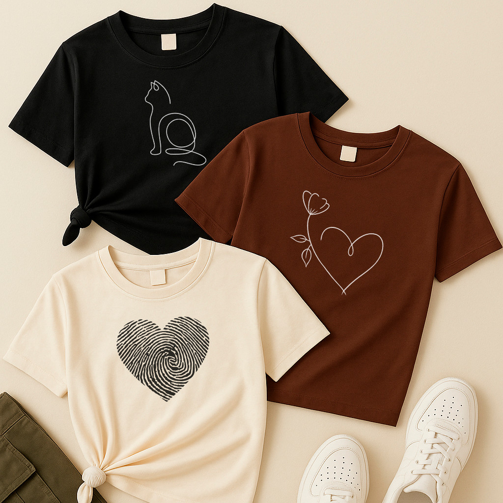 Blusa preta, marrom e off white Gato Costas, Coração Flor e Coração Digital