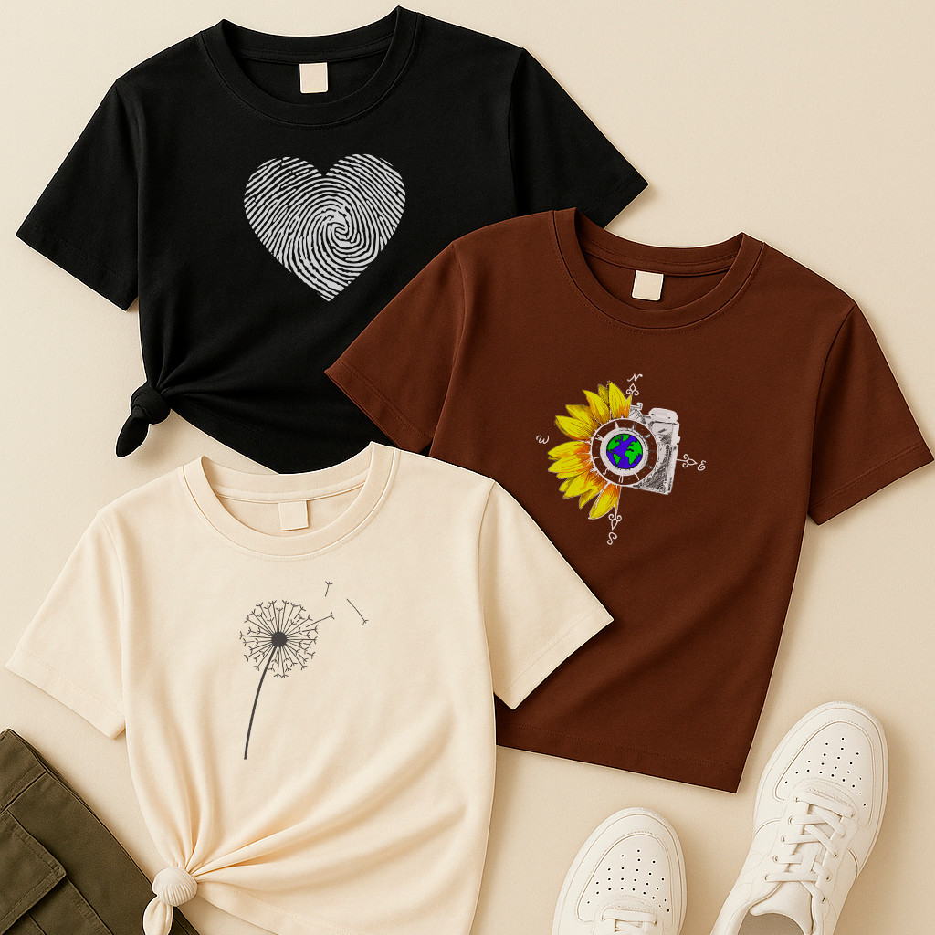 Blusa preta, marrom e off white Coração Digital, Bússola Girassol e Dente de Leão