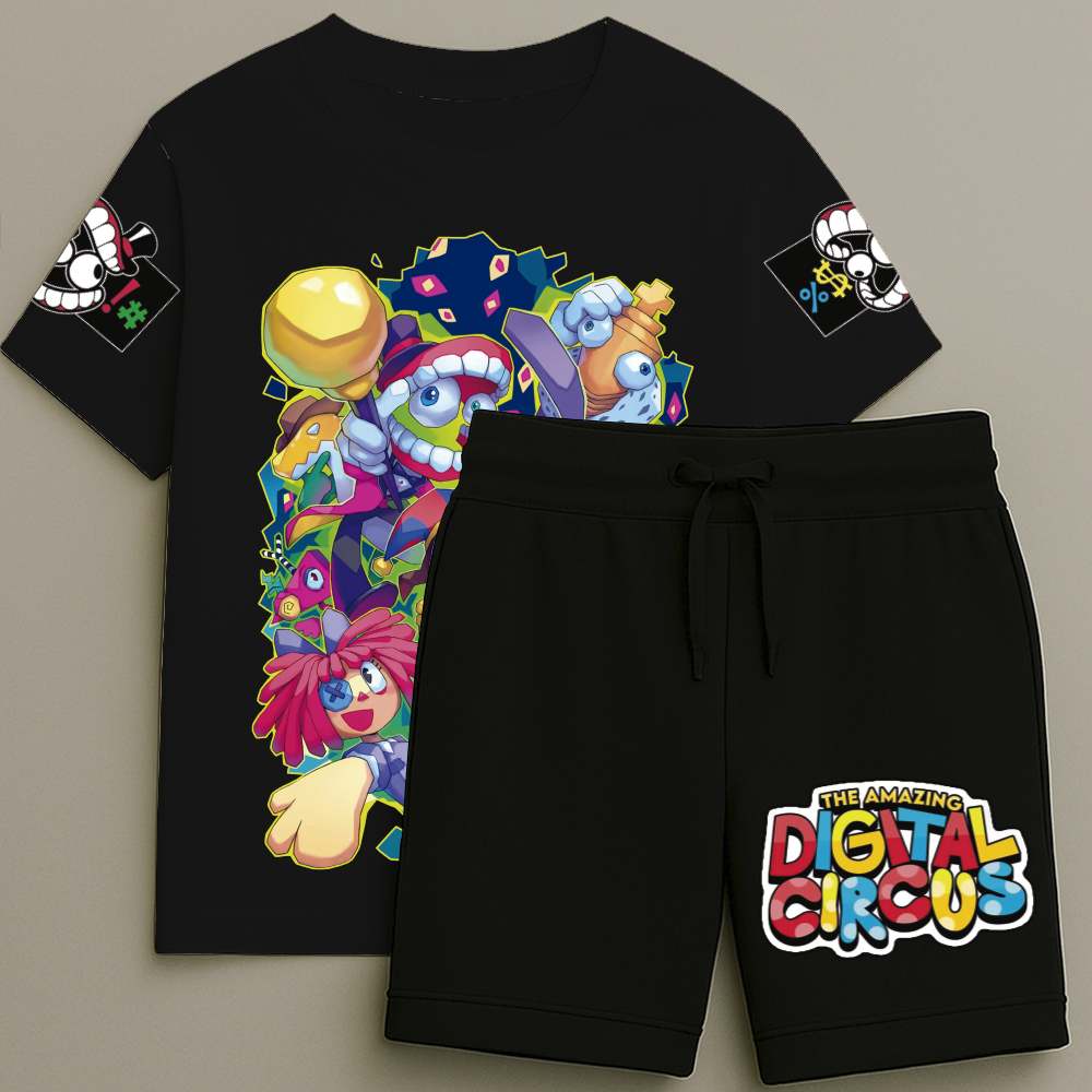 Camiseta e Bermuda Conjunto Masculino T-shirt Estampa Digital Circus Shorts Blusa Tamanho 2 ao 16