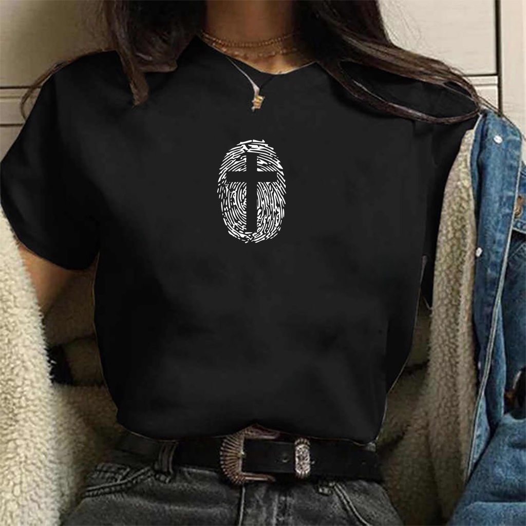 Camiseta feminina de algodao preta Digital Cruz Cristo