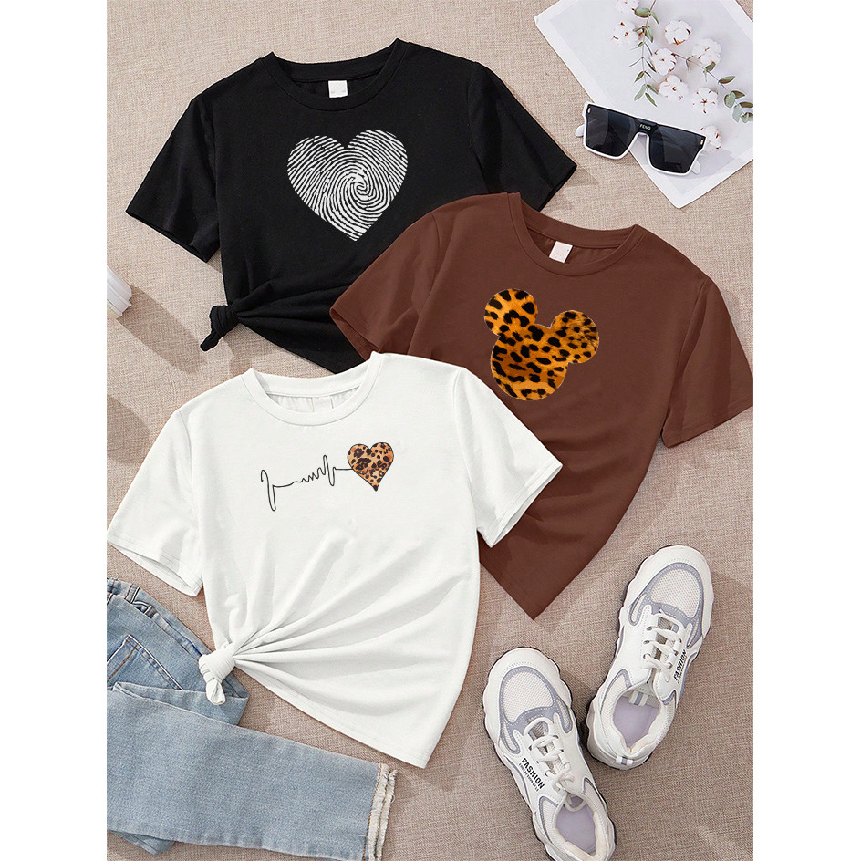 Camiseta Feminina Kit 3 Coração Digital Preto Cabeça Mickey Onça Marrom Batimento Onça Off White