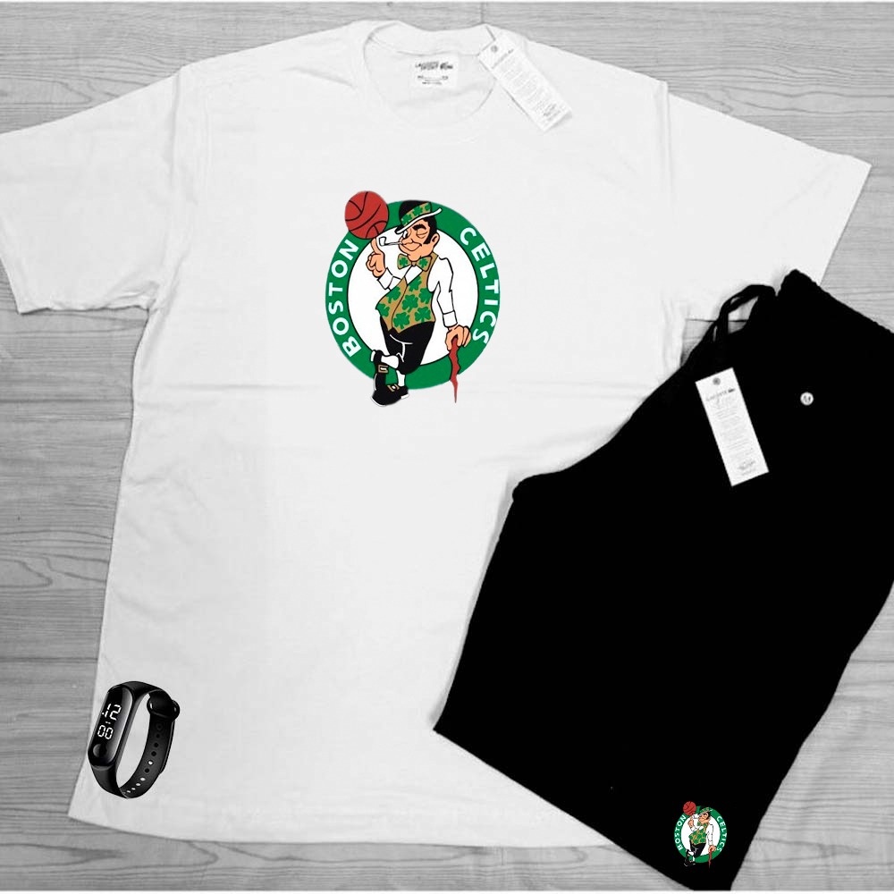 Kit verão praia camiseta algodão + bermuda estampa celtics + PLUS SIZE relogio digital