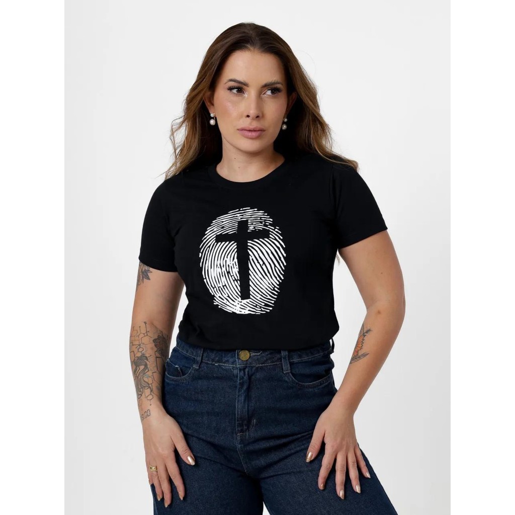 CAMISETA BABYLOOK FEMININA DIGITAL CRUZ DE ALGODÃO MODERNA