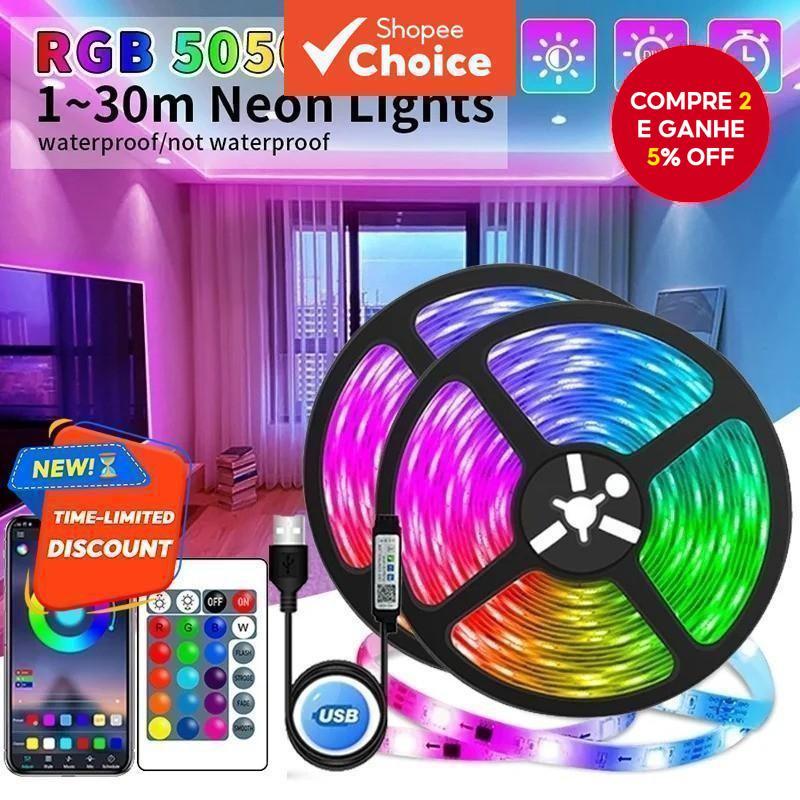 Fita LED RGB 5050 de 15M com decoração de luz de fundo para TV, controle remoto de 24 teclas, 5V.