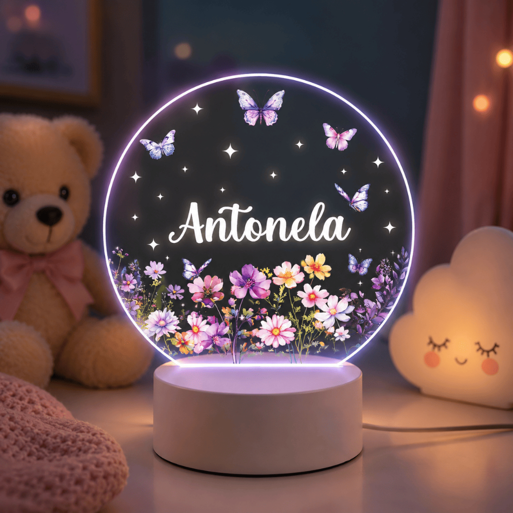 Luminária UV Colorida Bebê Jardim Florido - Maternidade Personalizado, Decoração, Criança, Borboletas, Flores