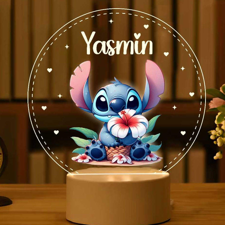 Luminária 7 Cores RGB Bebê Lilo Stitch Flores - Maternidade Personalizado, Decoração, Criança