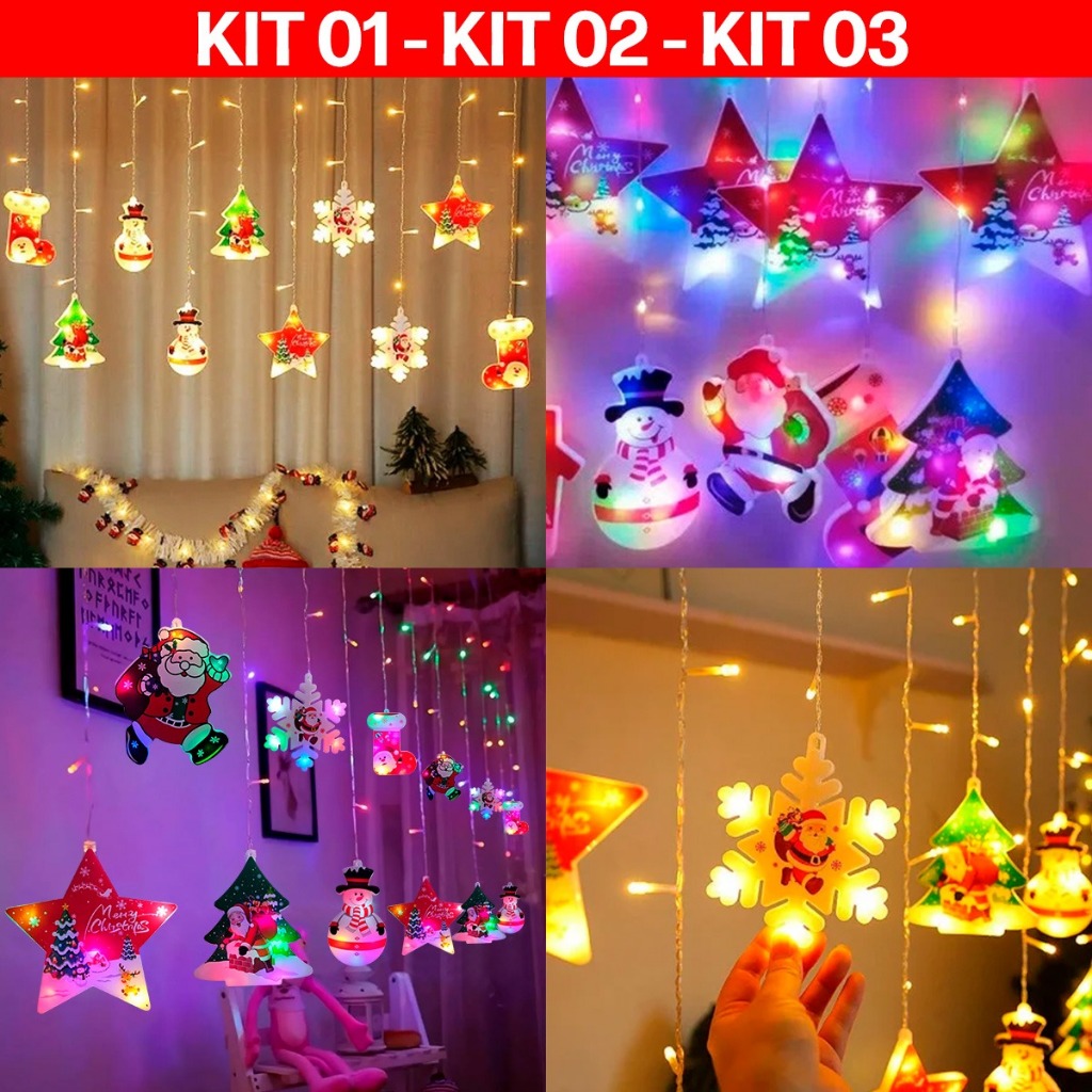 Cortina LED Natalina Decoração Luz Pisca Pisca Branco Quente Rgb Árvores Estrelas Flocos