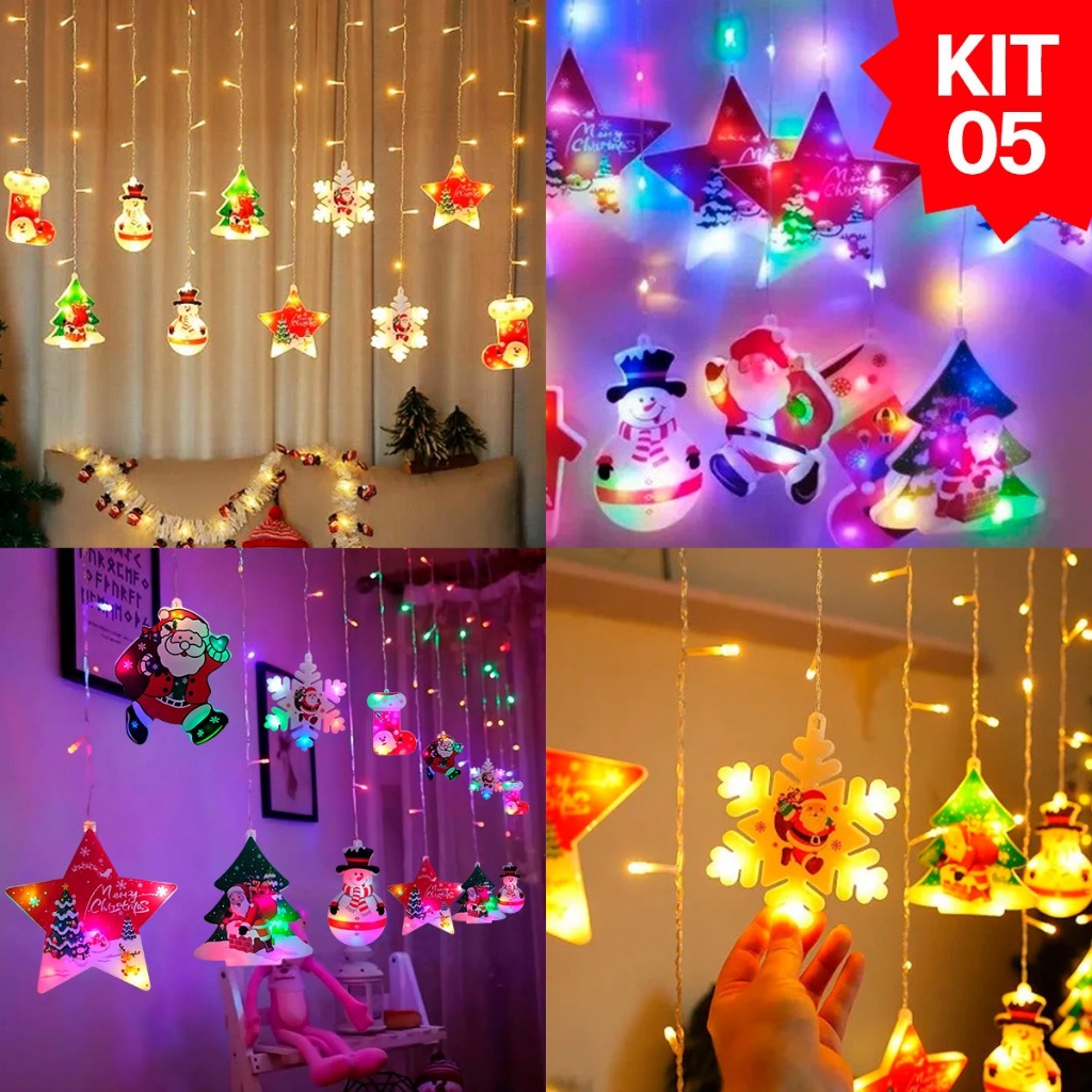Kit 5 Cortina LED Natalina Decoração Luz Pisca Pisca Branco Quente Rgb Árvores Estrelas Flocos