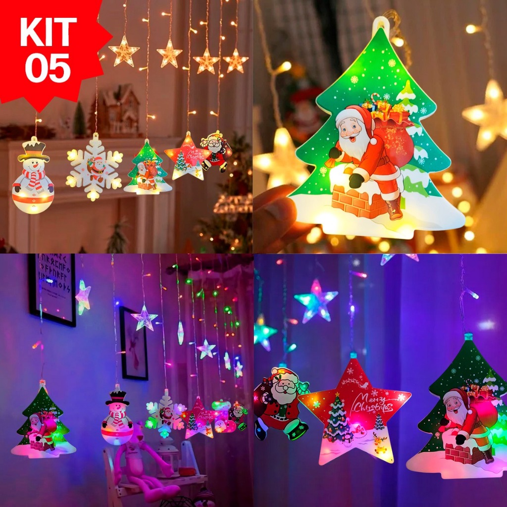 Kit 5 Cortina LED Natalina Decoração Luz Pisca Pisca Branco Quente Rgb Árvores Estrelas Flocos