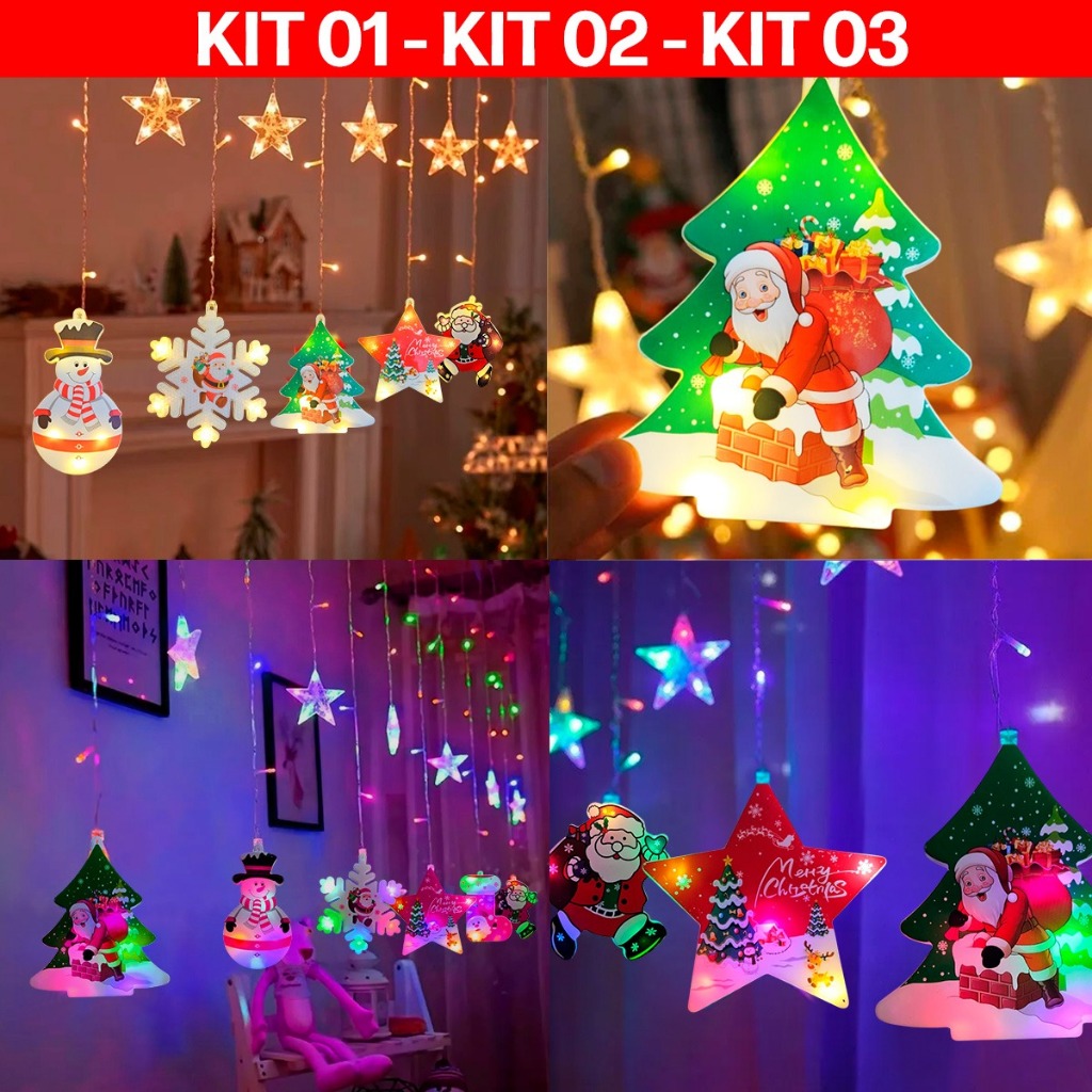 Cortina LED Natalina Decoração Luz Pisca Pisca Branco Quente Rgb Árvores Estrelas Flocos