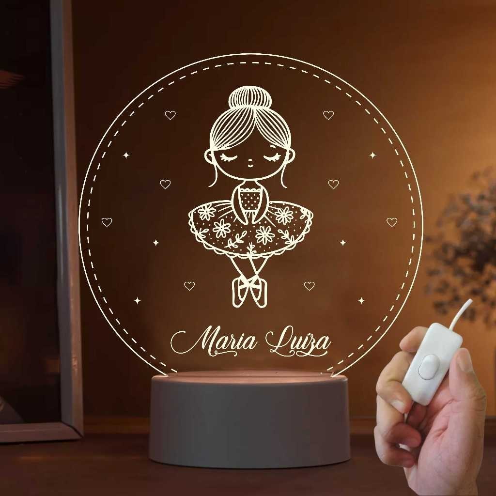 Luminária Bailarina LED 7 cores RGB Personalizada nome Criança, Decoração, Bebê, Acrílico, Abajur