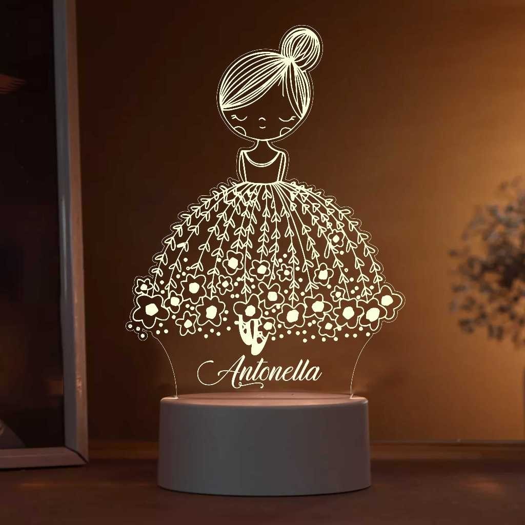 Luminária Bailarina LED RGB Personalizada com Nome em Acrílico 7 Cores, Decoração Infantil/Bebê