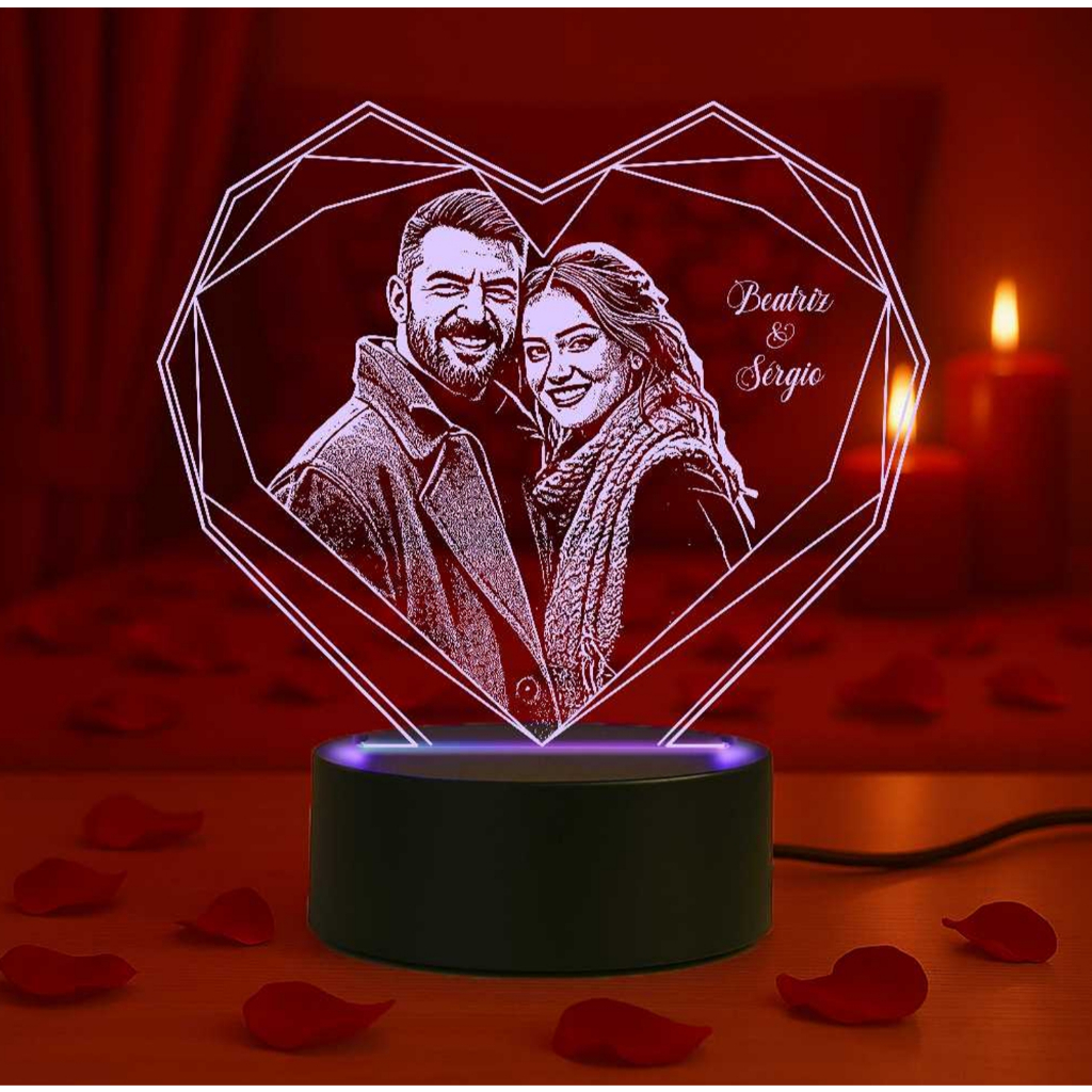 Luminária Coração 7 cores RGB Geométrico Nome do Casal - Presente, Decoração, Namorados, Iluminação
