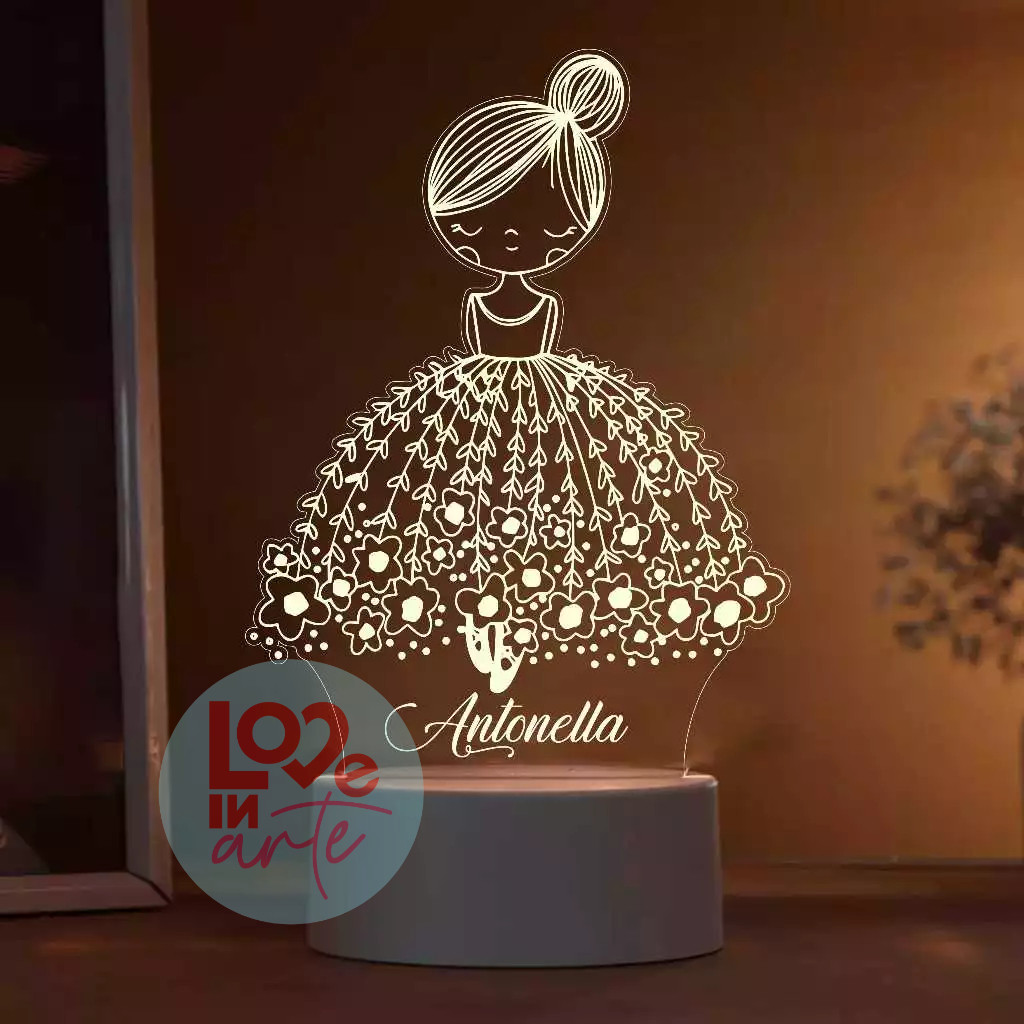 Luminária Bailarina LED 7 cores RGB Personalizada nome Criança, Decoração, Bebê, Acrílico, Abajur