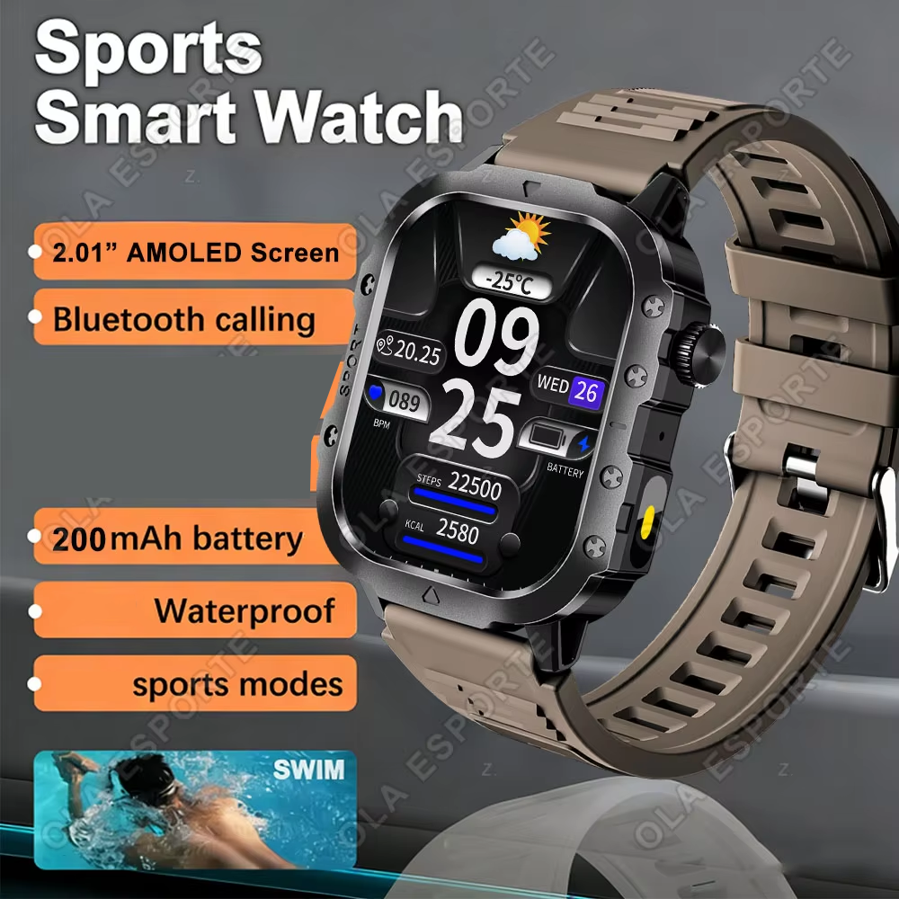 Relógio Inteligente Militar com Chamada Bluetooth para Homens, Tela AMOLED 2.01, À Prova D'Água, Monitor de Saúde,