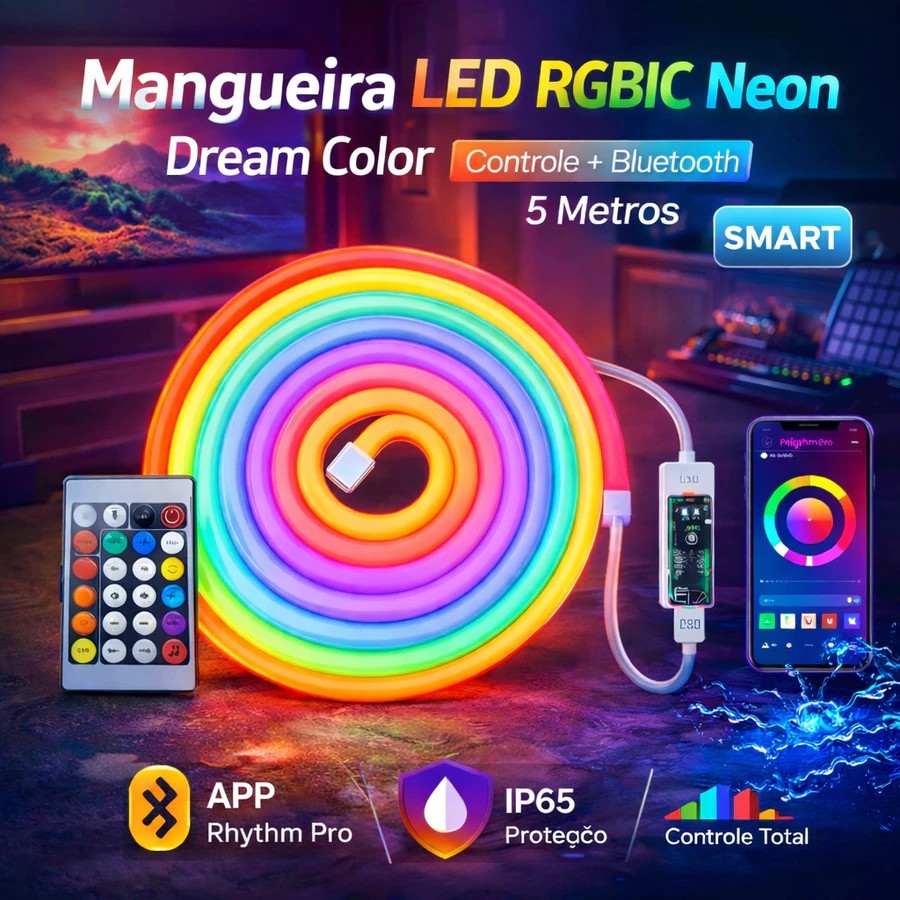 Neon LED RGBIC Dream Color Hose Light, 60 LEDs/m, 5/10m, 12V, Smart, Bluetooth, IP65, Controle por App, Iluminação para