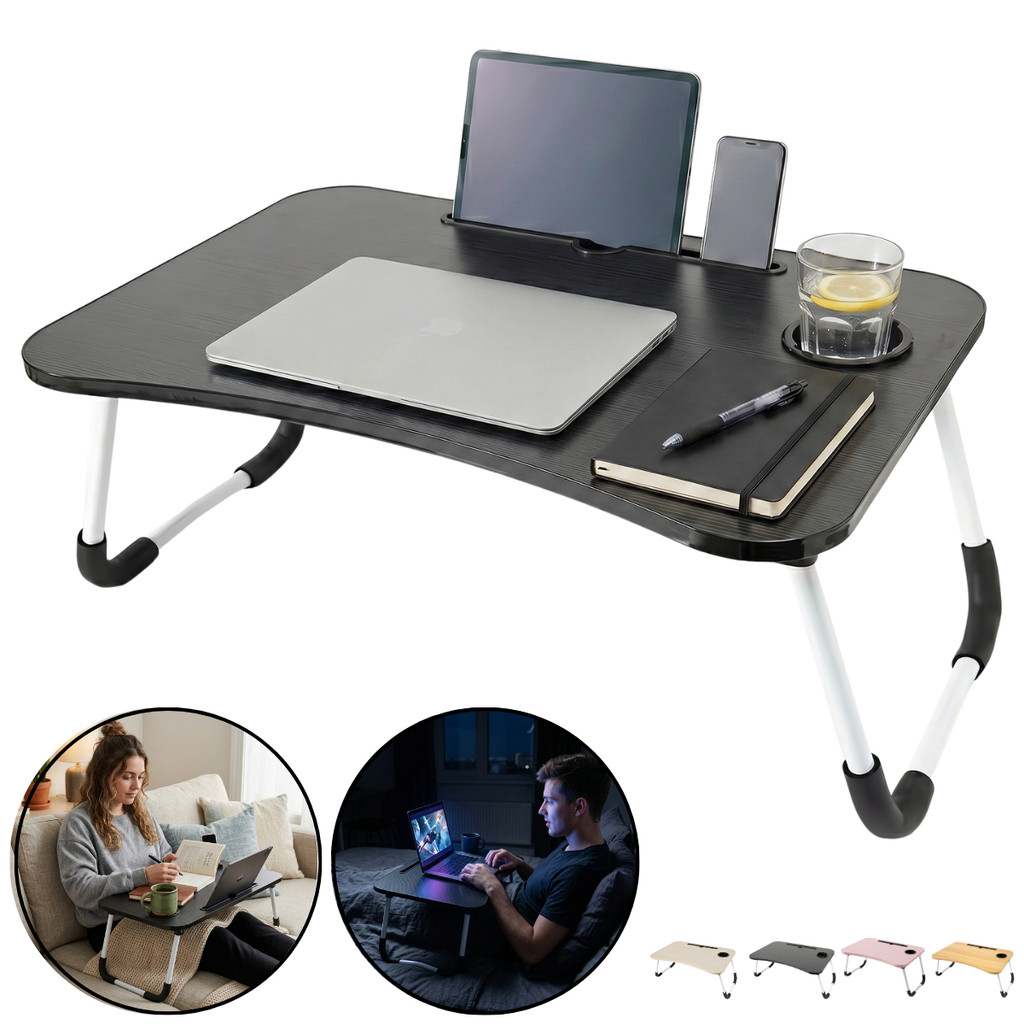 Mesa Para Notebook Cama Colo Estudo De Madeira Dobrável Portátil Suporte Porta Copo Celular Tablet Smartphone 60x40cm