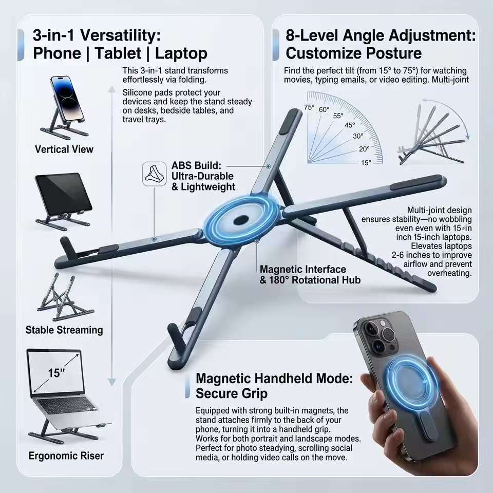 Suporte Magnético Dobrável Para Laptop , Plástico ABS , Portátil , Ajustável , Dissipação De Calor , Smartphone , Tablet