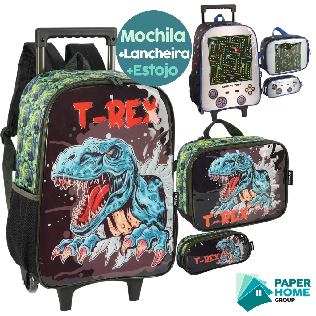 Kit Escolar Mochila de Rodinhas + Estojo + Lancheira Infantil Dinossauro T-Rex Gaming Zone