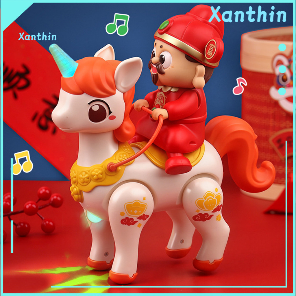 God of Wealth Toy with Led Light Electric Music Movable Joints – Cartoon Riding Horse Fortune Figurine Spring Festival