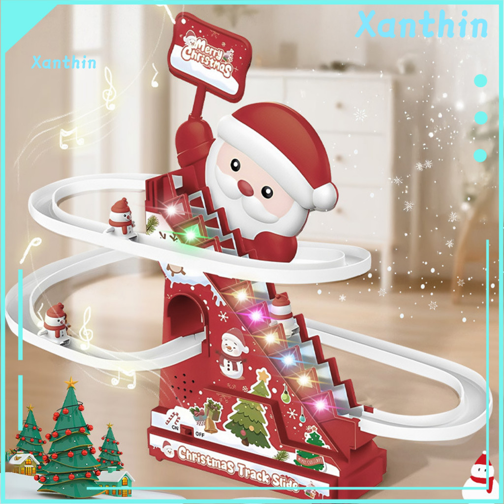 Race Track Toy with 5 Snowman Christmas Climbing Stairs Slide Music Led Lights – Electric Santa Ski Slope for Toddlers