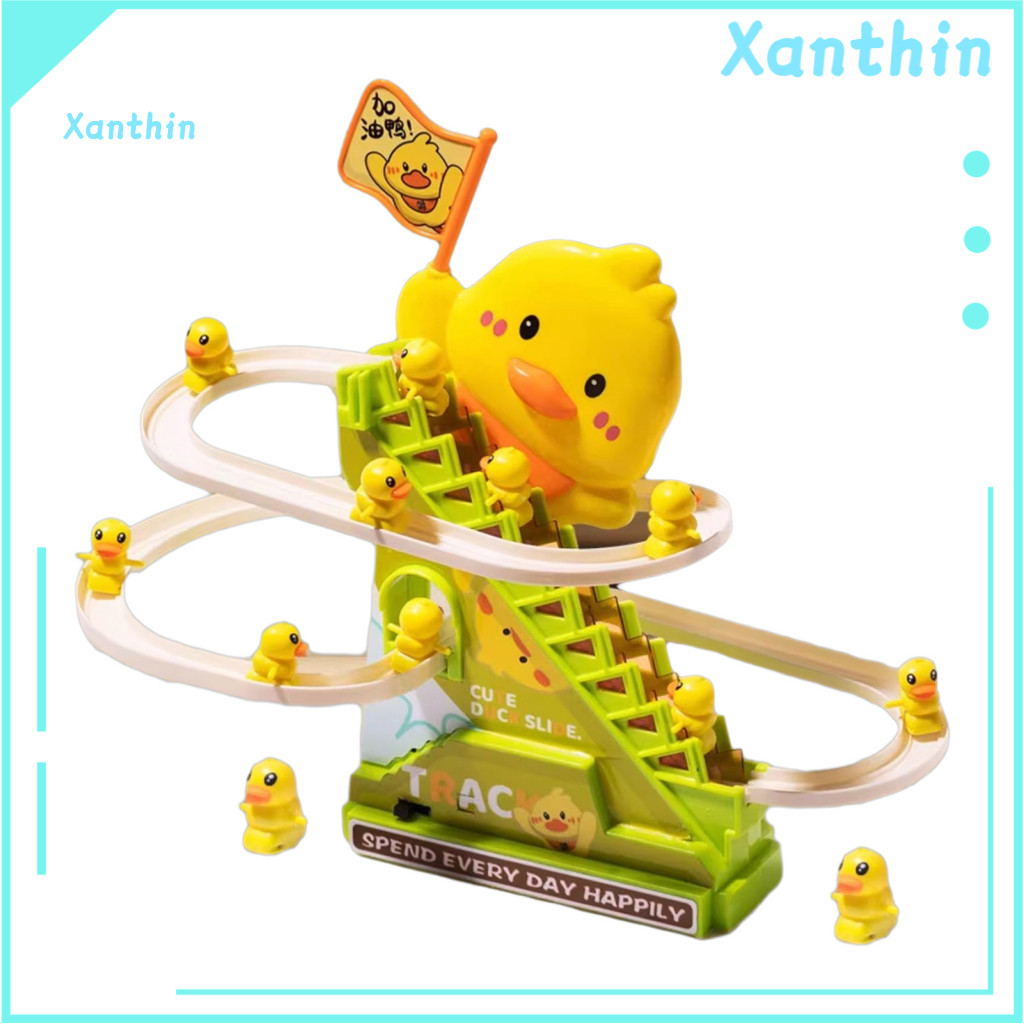 Toddlers Stair Climbing Toy Electric Duck Stairs Slide with Led Light Music – Roller Coaster Race Track for Includes