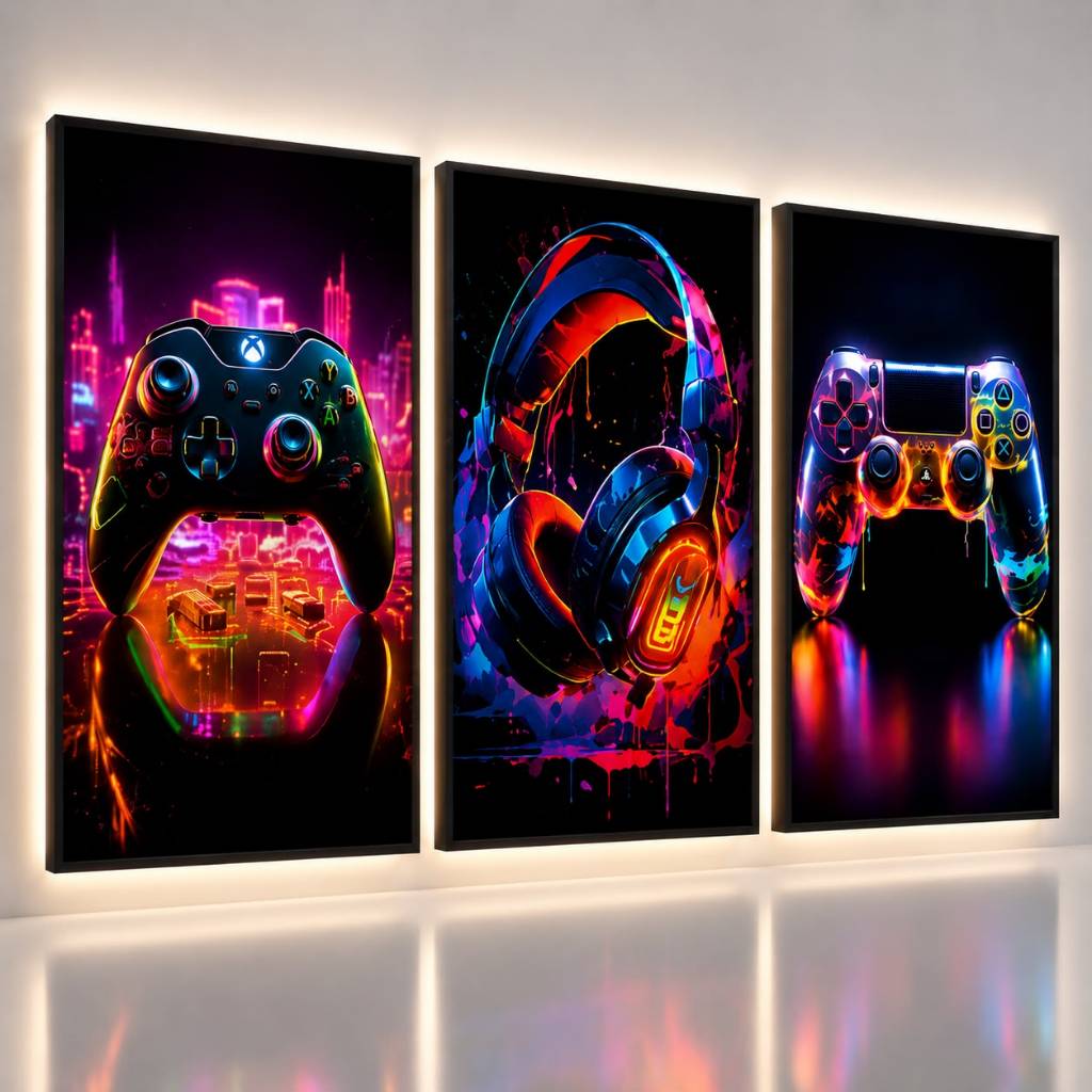 Quadro Decorativo Controle Colorido Gamer Jogo Headset Game Gamer Colorido Neon