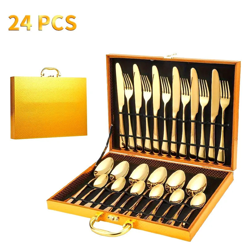 Jogo Talheres 24 Peças Faqueiro Dourado Aço Inox Premium Luxo cozinha Com Maleta com cupom - Dourado