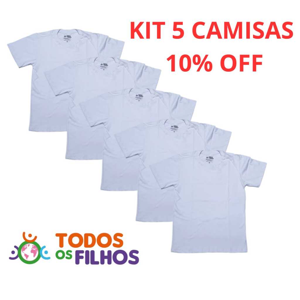 Kit 5 Camisetas Infantis Brancas 100% Algodão Premium – Manga Curta Gola Redonda