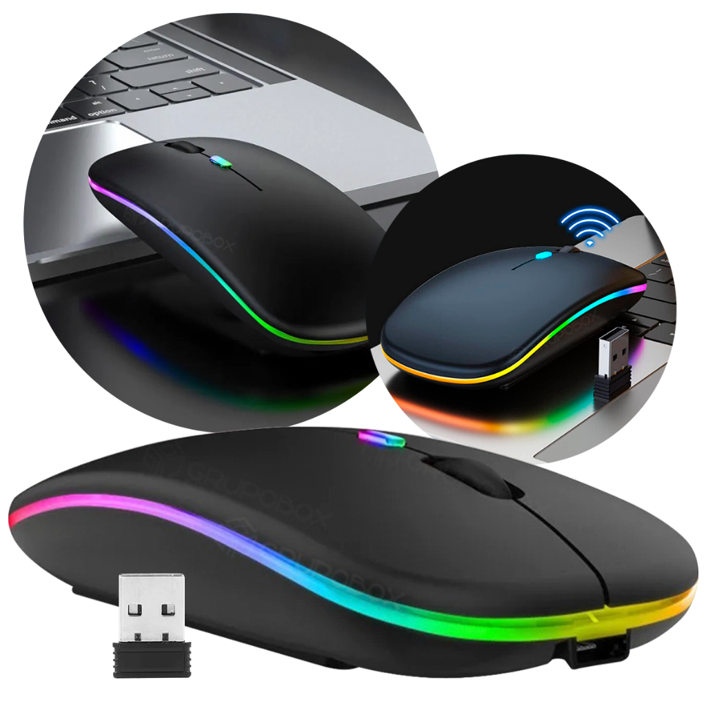 Mouse Sem Fio Recarregável Com Led RGB Wireless E Bluetooth Ergonômico Silencioso 2.4Ghz