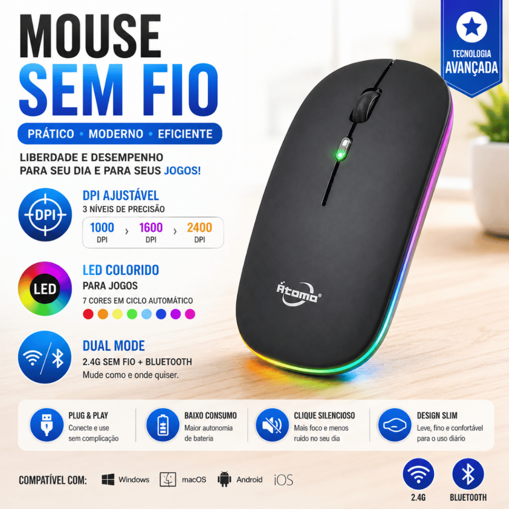 Mouse Sem Fio Led  Sensibilidade Ajustável Duplo Modo Wireless Bluetooth PC Notebook MAC Computador