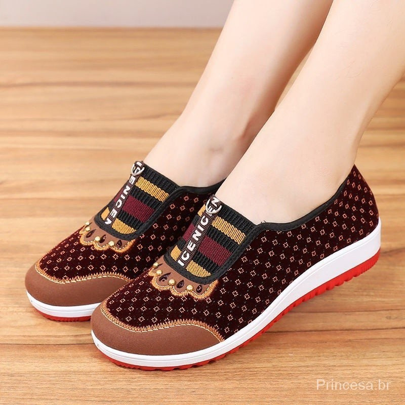 Sapato Feminino Flexível Antiderrapante de Tecido com Sola Média Grossa, Casual para Idosos JWAP