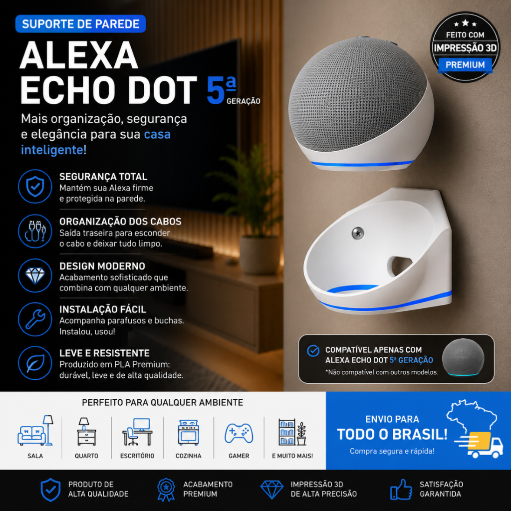 Suporte Alexa Echo Dot 5ª Geração Parede | Organizador Smart Home | Impressão 3D Premium | Acabamento Moderno