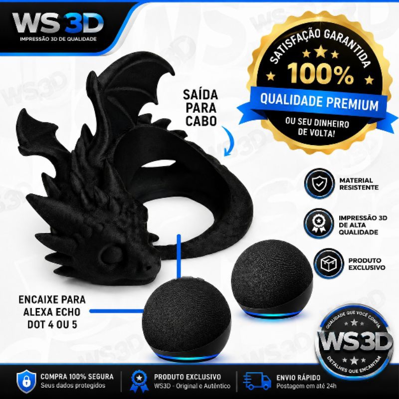 Suporte Dragão 3D para Alexa Echo Dot 4ª e 5ª Geração – Base Estável, Design Moderno e Acabamento Premium