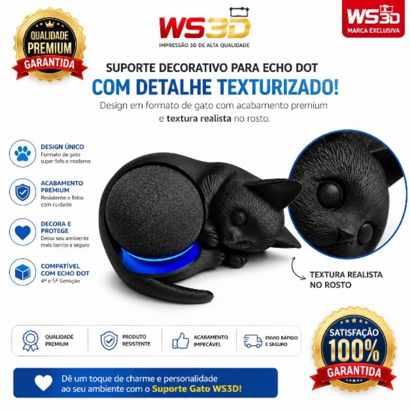 Suporte Alexa Gato bebê para Echo Dot 4ª e 5ª Geração | Para Amantes de Gatos | Impressão 3D PLA Premium