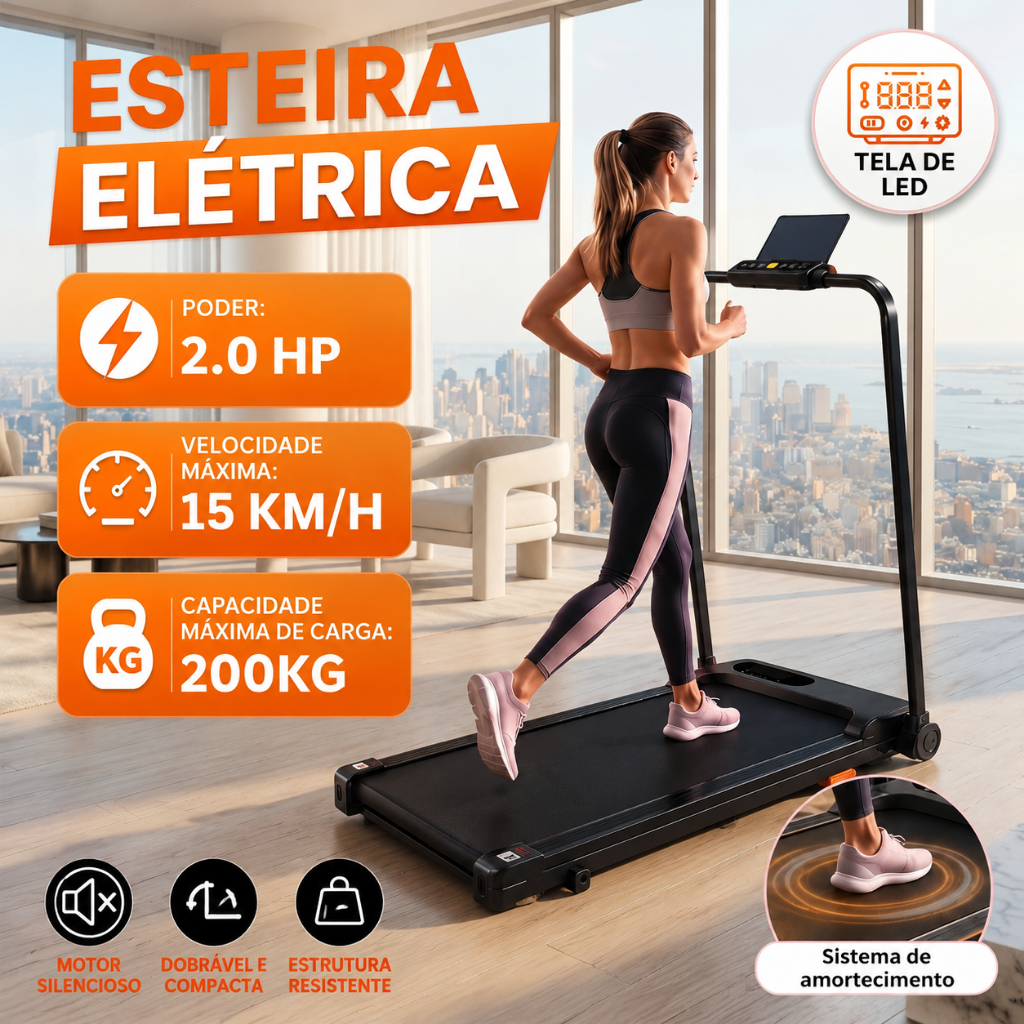 Electric Treadmill 2.0hp Silent Folding with Bluetooth 15km/H 200kg Capacity Residential Use Led Screen