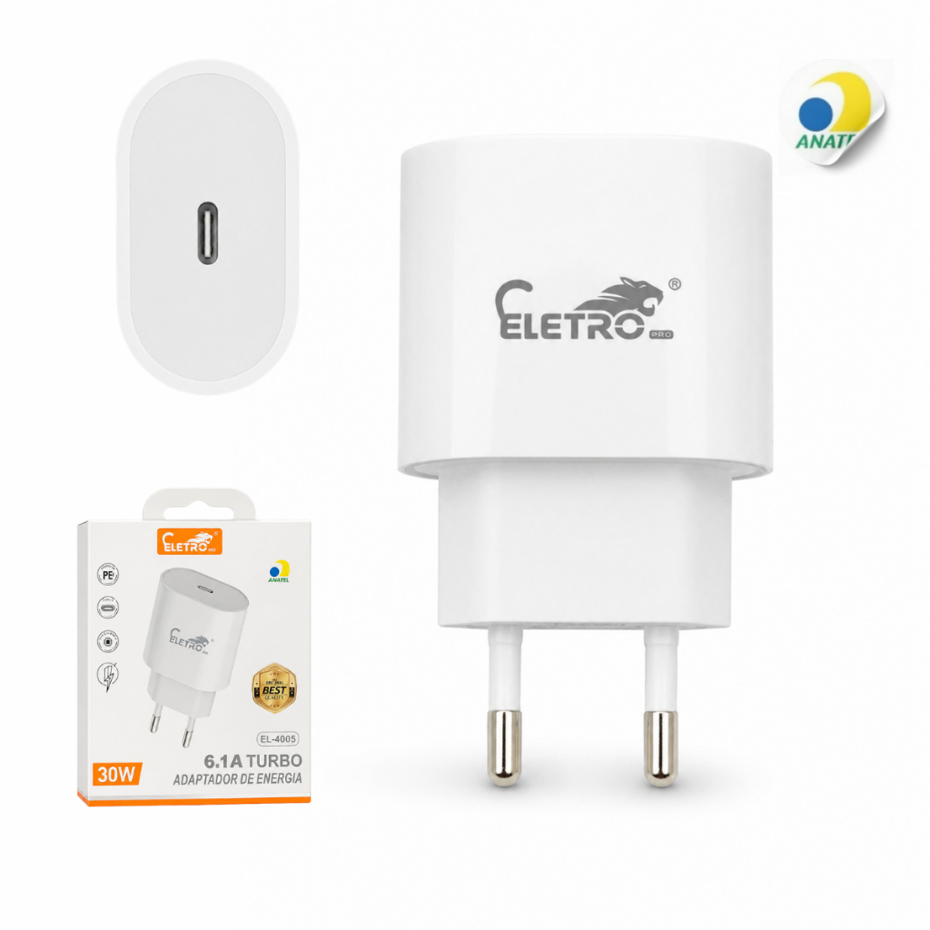 Carregador Super Rápido Turbo 30w USB C para Celular, Tablet, Relógio Smart, Fone Bluetooth e +