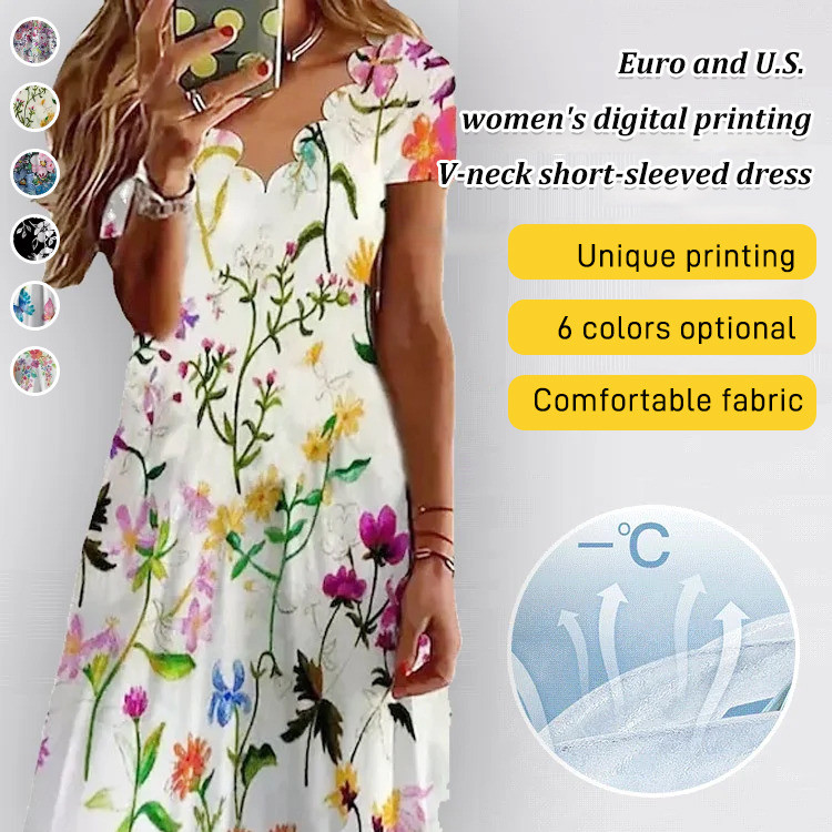 【Elegant Design】Họa Tiết Sống Động, Sắc Nét V-Neck Short Sleeve European Style Dress/Digital Print Dress/Chic Summer Dre