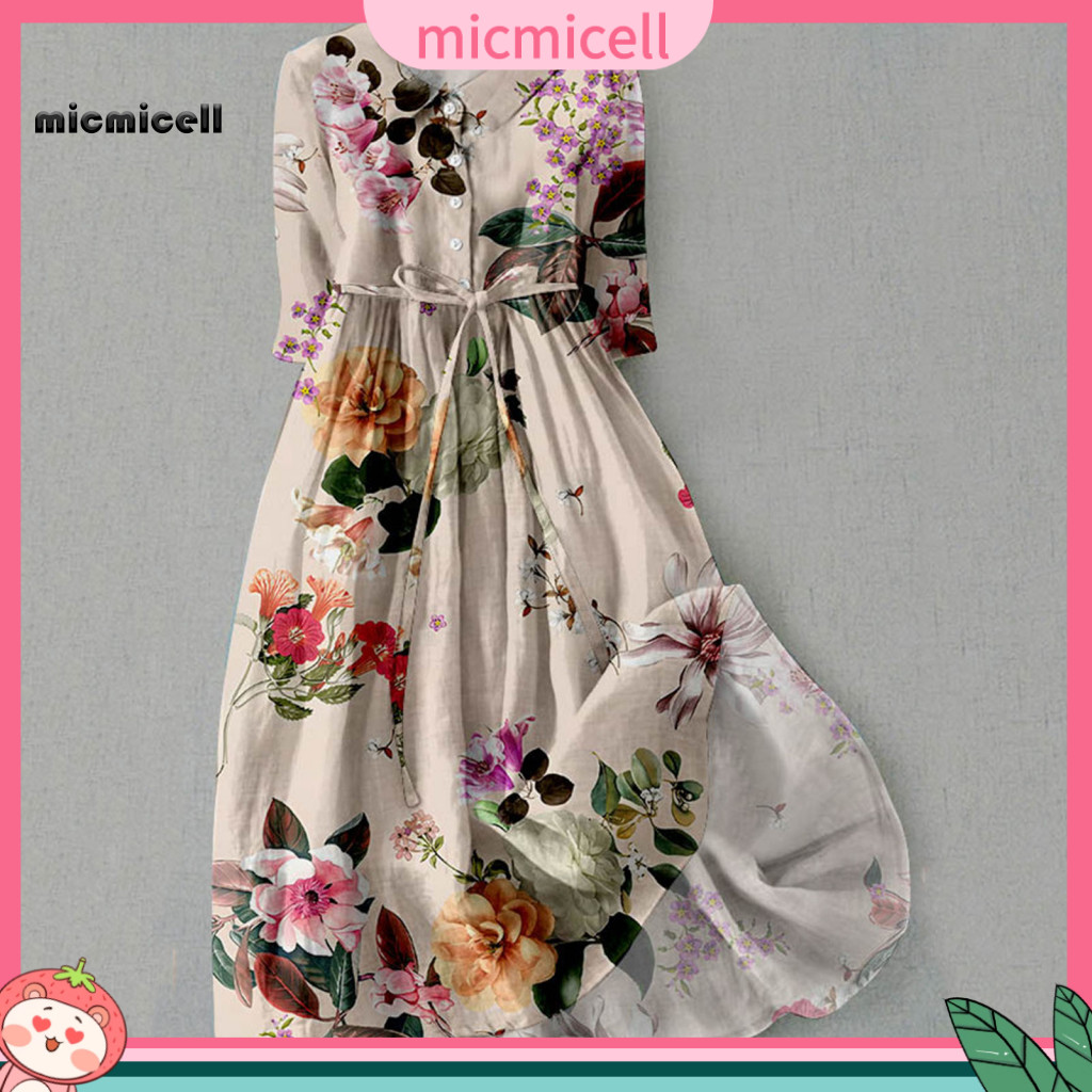 Digital Print Dress Mid-sleeve Bohemian Floral Midi with Lace-up Detail for Women Spring Fashion in Southeast Asia
