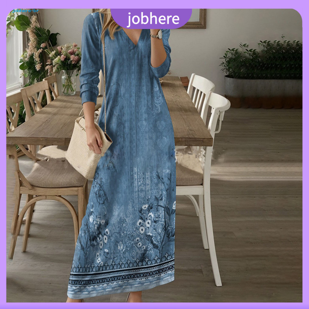 Printed Pattern Dress Women Casual Style Spring Fall Women’s V-neck Long Sleeve A-line Maxi Digital Floral Print Loose
