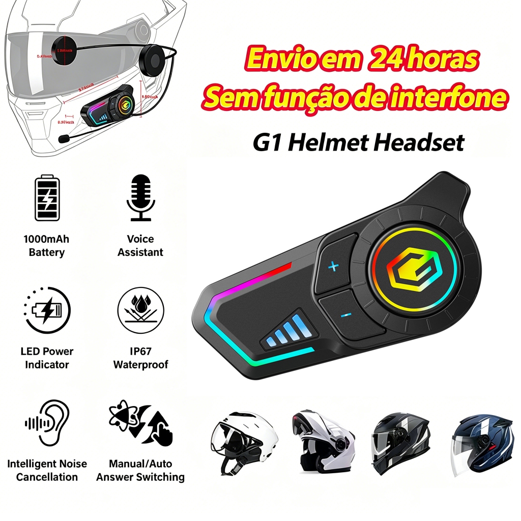 G1 Bluetooth Motorcycle Helmet Headset intercom Voice Control IP67 waterproof with RGB and Microphone