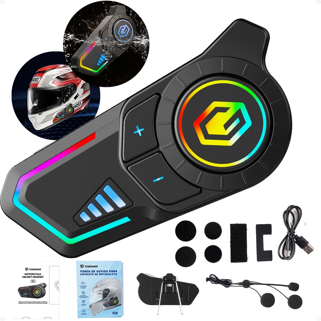 G1 Bluetooth Motorcycle Helmet Headset intercom Voice Control IP67 waterproof with RGB and Microphone