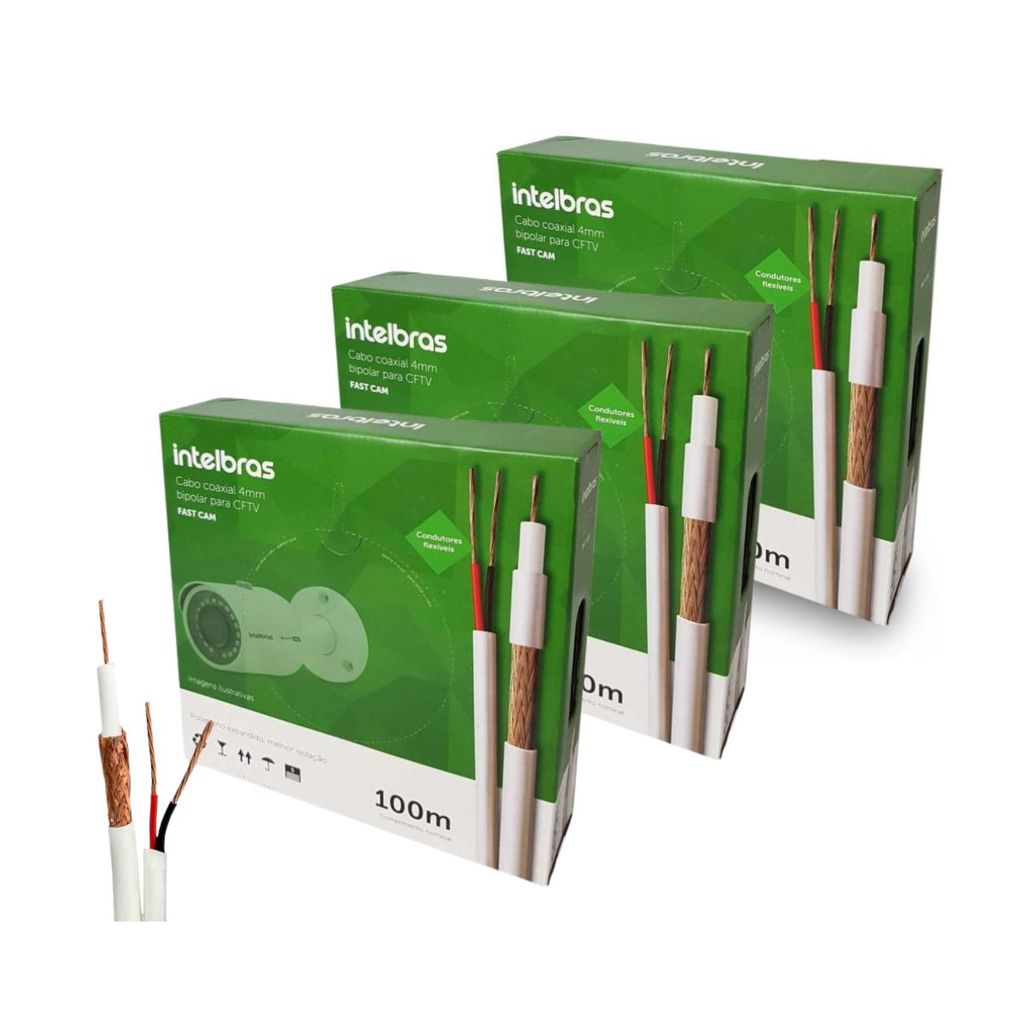 Kit 3 Cabos Coaxial Bipolar 4mm 2x26awg 67% 100m FC67CBR FAST CAM Intelbras