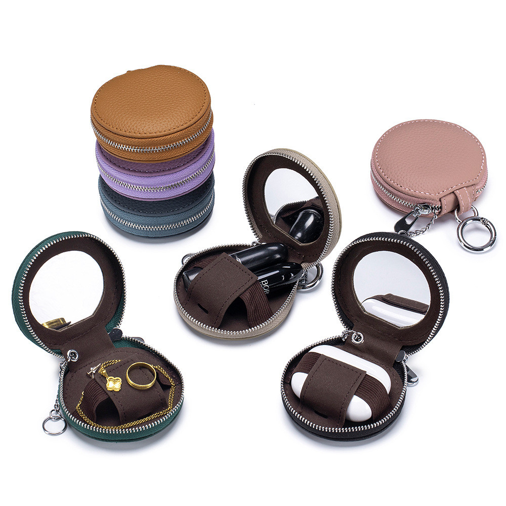 Nova primeira camada de couro portátil batom saco de armazenamento com espelho redondo Bluetooth fone de ouvido saco pin