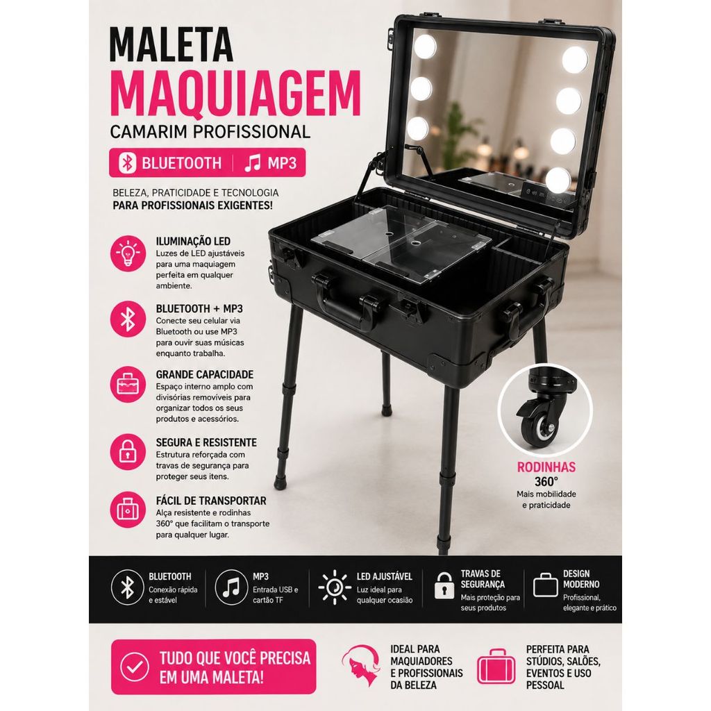 Maleta Camarim Maquiagem Com Espelho LED, Bluetooth, Mp3 E Rodinhas Profissional