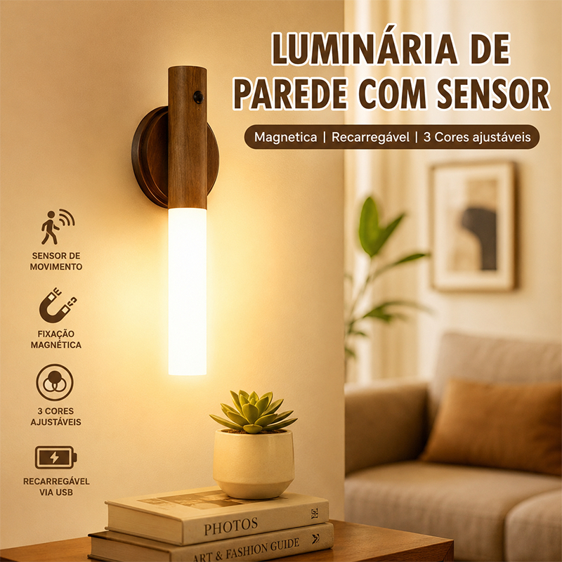 Rechargeable LED Night Light Motion Sensor Magnetic Wooden Wall Lamp USB Bedside Light 3 Color Modes for Home