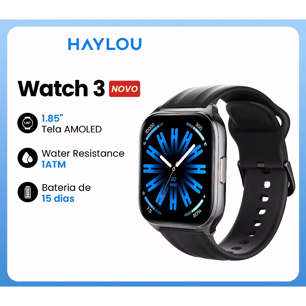 Smartwatch HAYLOU 3 Com Tela AMOLED de 1.85'' Monitoramento de Saúde e 150+ Modos de Esporte